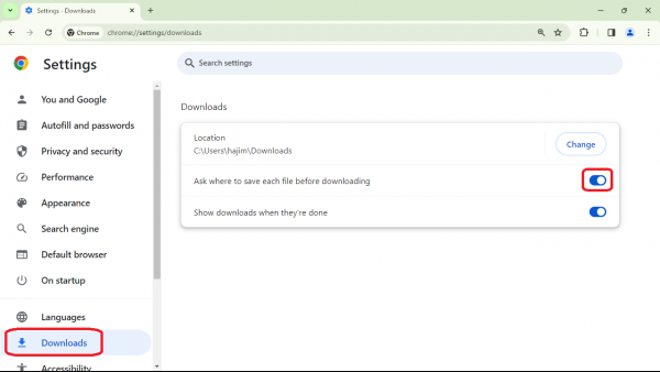 Downloads setting
