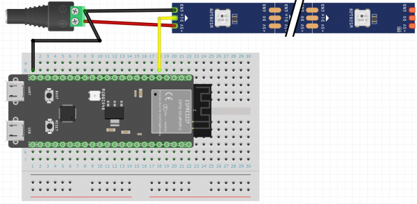 ESP32-S3/power supply/NeoPixel wiring example